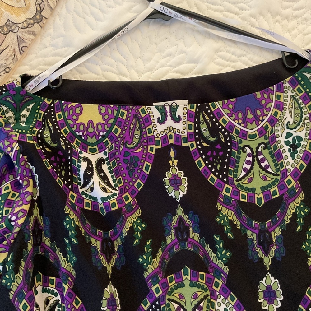 OC by Oleg Cassini Purple, Black & Green Long Sleeve Printed Dress - Picture 3 of 7